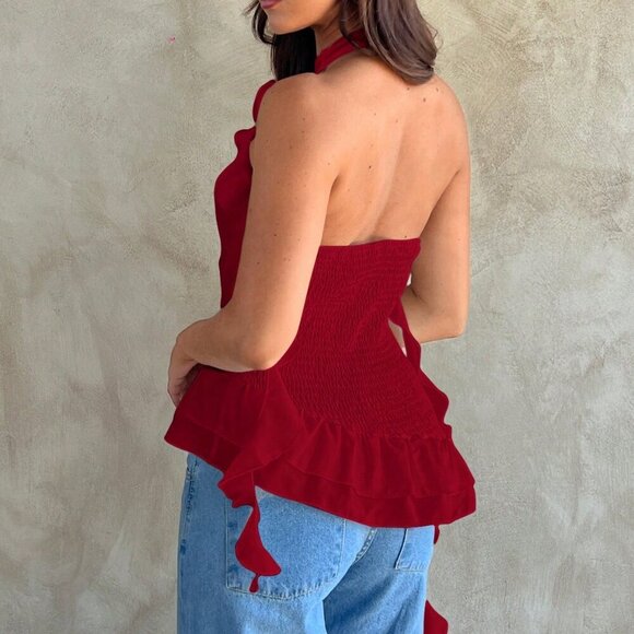 Red Casual Women's Ruched Floral 3d Decoration Halter Top - Picture 4 of 6